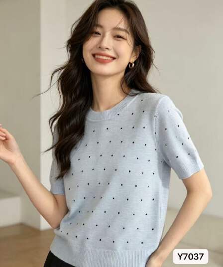 대나무 마디 마 작은 도트 무늬 캐주얼 2026 여름 새로운 한국 스타일 패션 니트 여름 라운드 넥 반팔 다용도 맨위