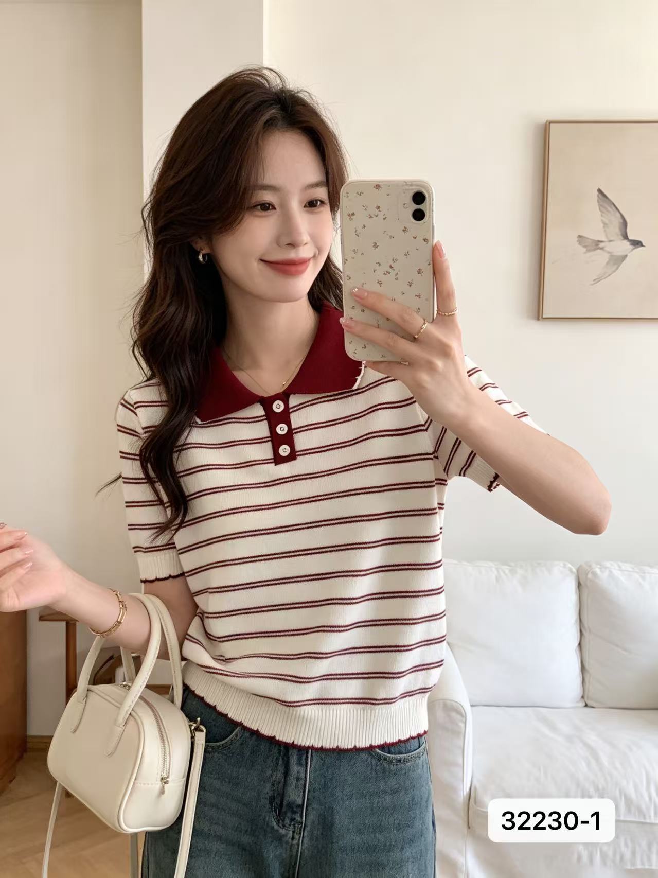 배색 반 개방 버클 POLO 칼라 얼음 차가운 실크 니트 스웨터 여름 한국 스타일 새로운 스트라이프 반팔 다용도 맨위 여성