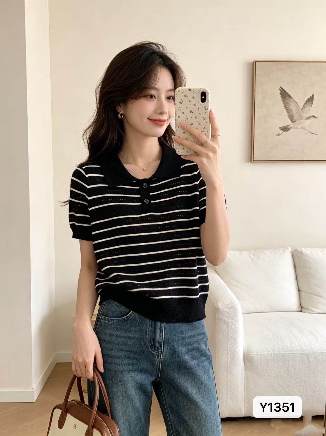 POLO 칼라 스트라이프 홀로우 아웃 반팔 여성 여름 한국 스타일 폴로 칼라 디자인 센스 Chic 슬림해 보이는 쇼트 스타일 다용도 맨위