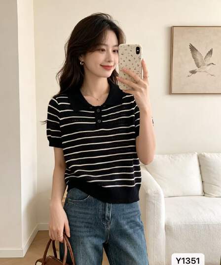 POLO 칼라 스트라이프 홀로우 아웃 반팔 여성 여름 한국 스타일 폴로 칼라 디자인 센스 Chic 슬림해 보이는 쇼트 스타일 다용도 맨위