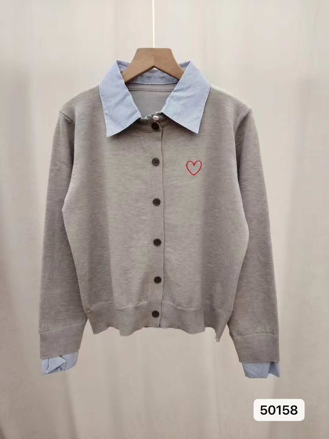 POLO 셔츠 스트라이프 칼라 패치워크 니트 페이크 레이어드 오픈 가디건 이른 가을 스택 착용 재킷 하트 자수 캐주얼 섹션 맨위
