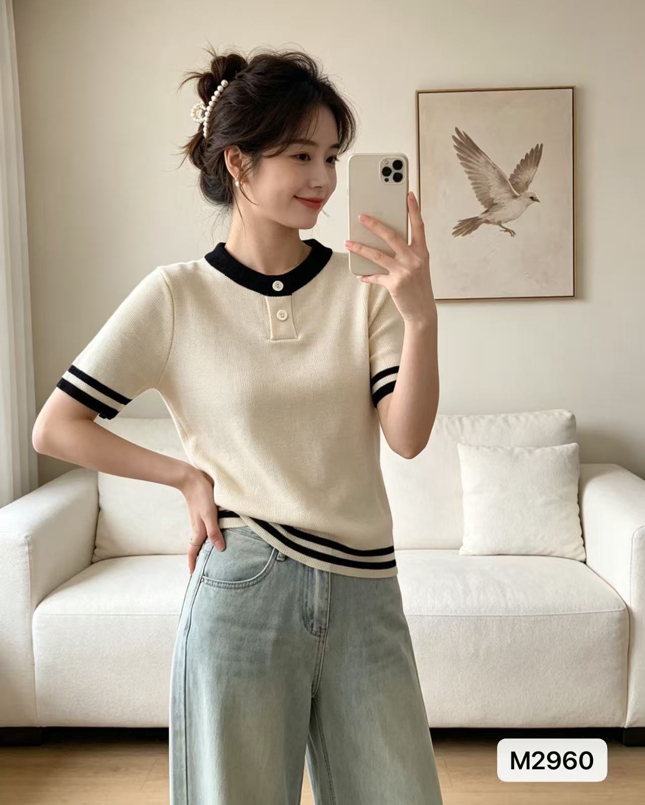 2026 년 여름 새로운 패션 고급 센스 라운드 넥 하프 열린 가슴 배색 스트라이프 풀오버 반팔 다용도 맨위