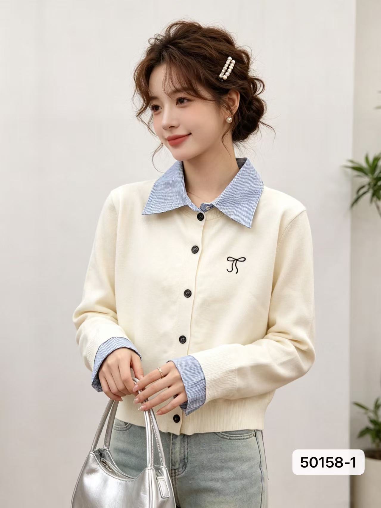 자수 나비 매듭 페이크 레이어드 니트 오픈 가디건 여성 가을 겨울철 한국 스타일 셔츠 칼라 패치워크 슬림해 보이는 기본 셔츠 맨위