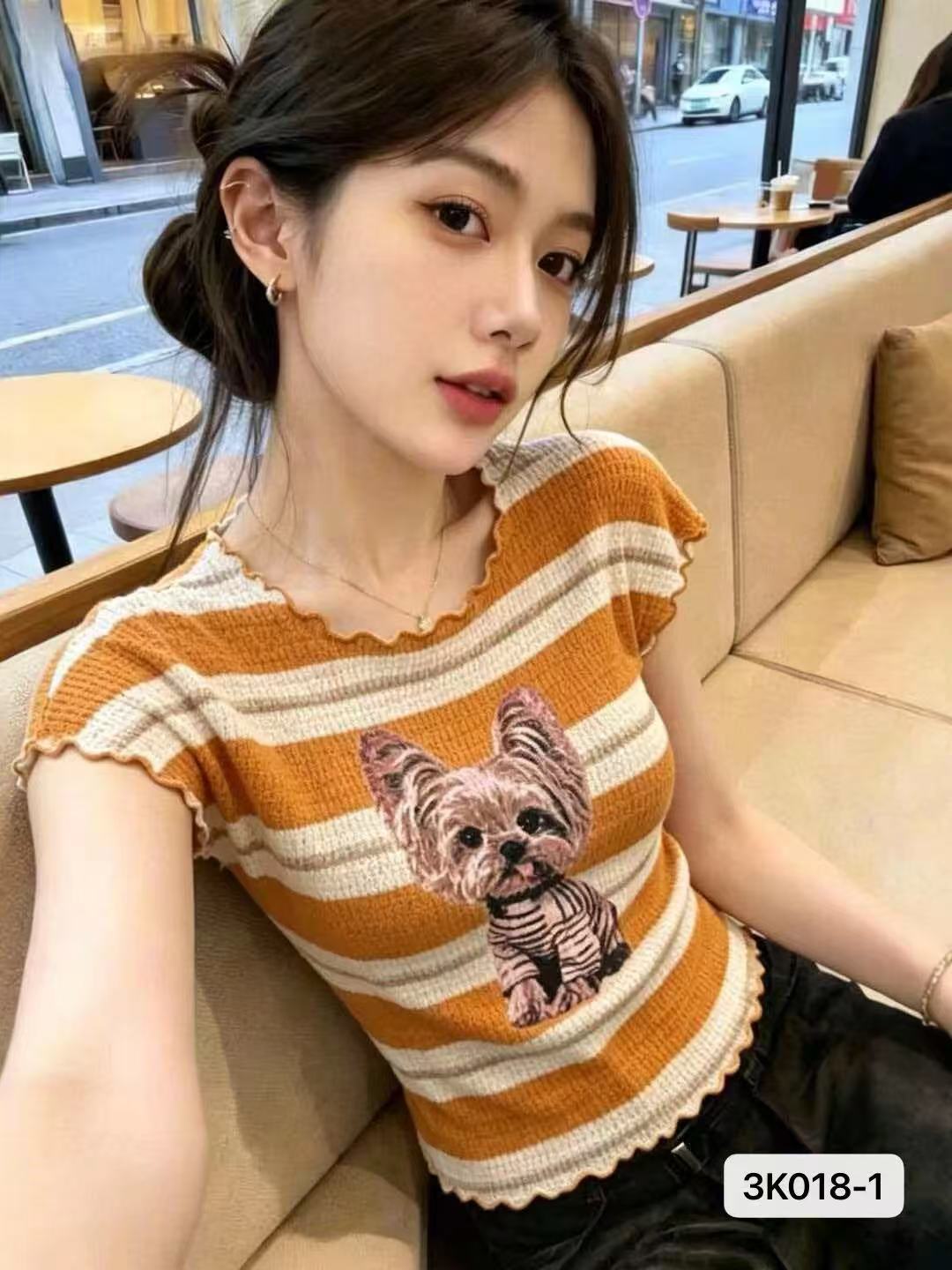 프릴 강아지 프린트 반팔 스트라이프 니트 스웨터 여름 새로운 한국 스타일 몸매 가꾸기 슬림해 보이는 품격 작은 셔츠 맨위