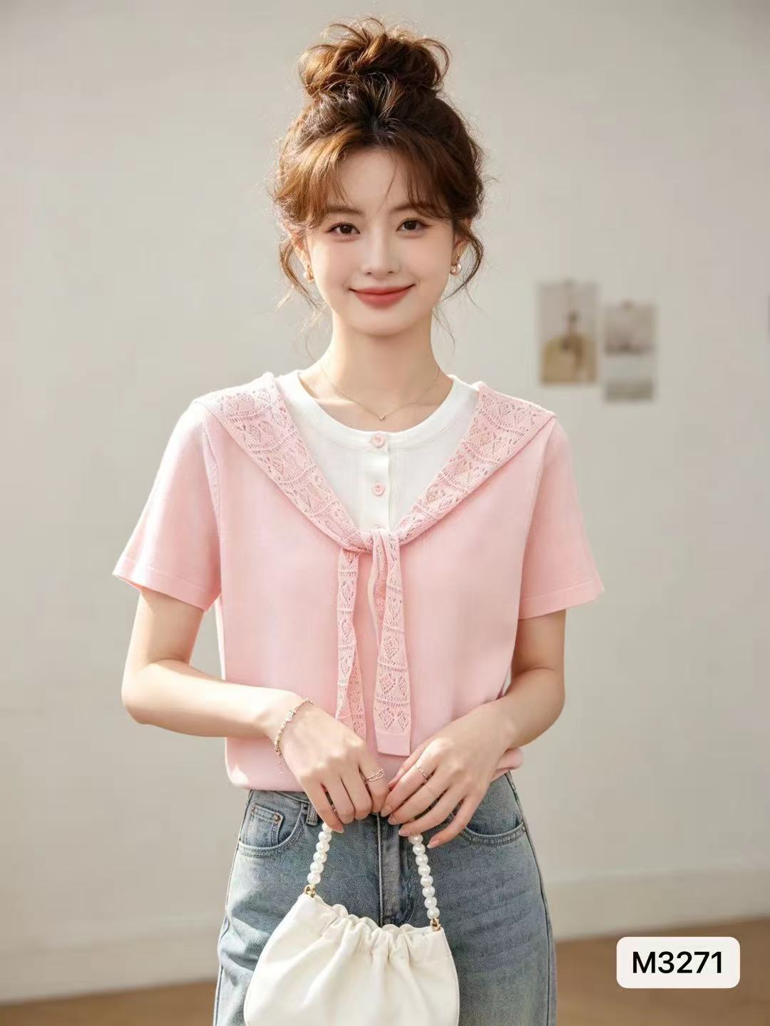 디자인 센스 페이크 레이어드 자수 숄 반팔 여성 2026 년 여름 새로운 한국 스타일 외국 가스 배색 다용도 맨위
