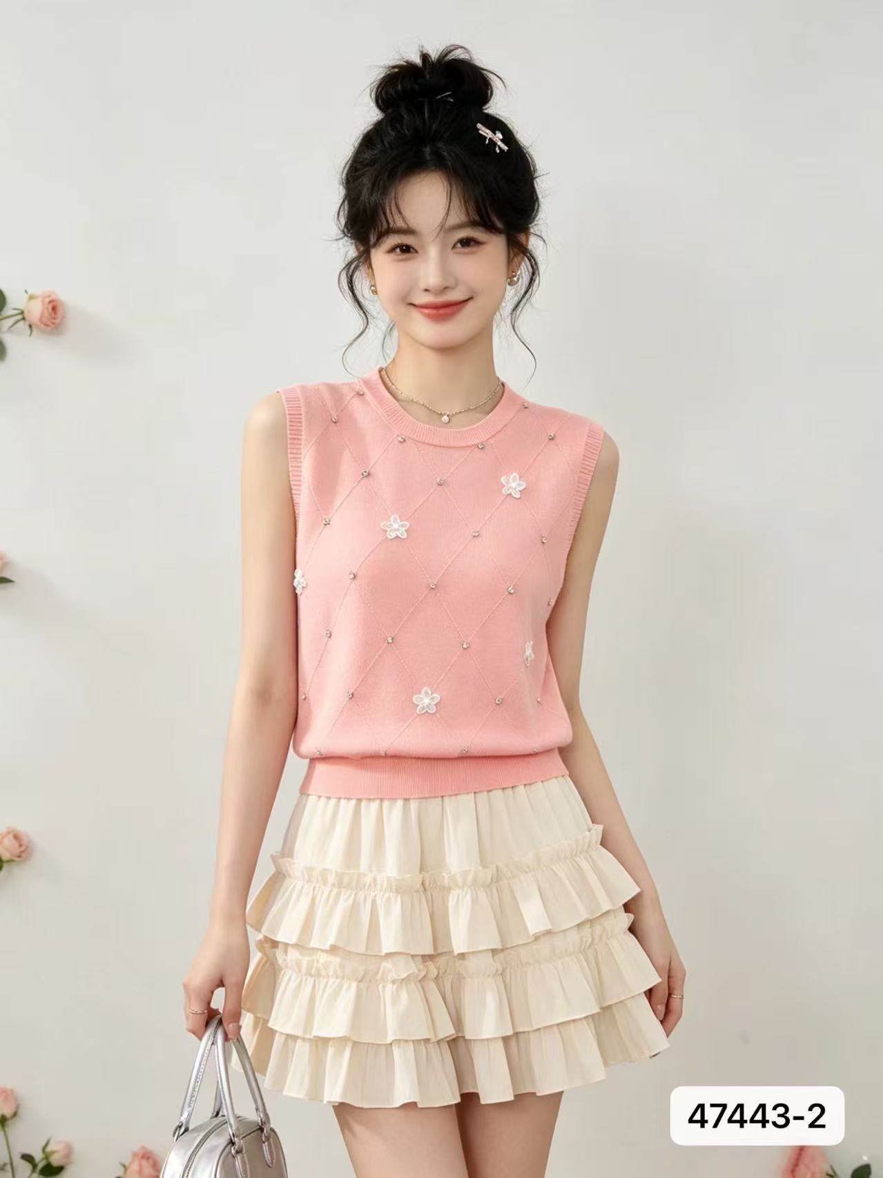 여름 새로운 법 배색 스타일 부드러운 바람 꽃 비즈 박기 장식 민소매 니트 풀오버 조끼 다용도 맨위 여성