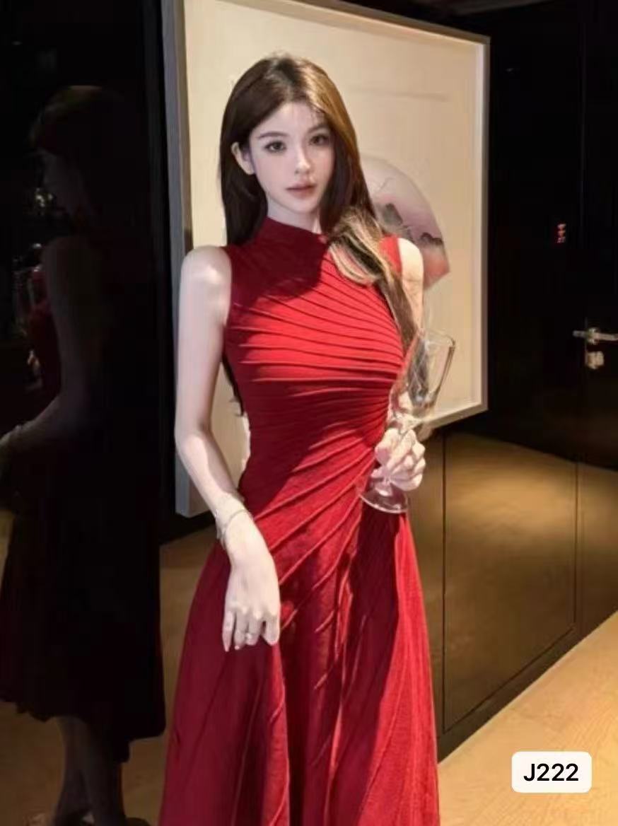 회색 불규칙 민소매 조끼 원피스 여성 의류 여름 한국 스타일 고급 센스 품격 허리 수축 몸매 가꾸기 길다 치마