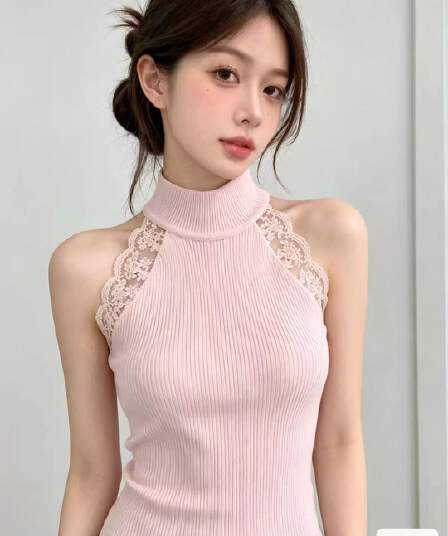 2026 년 여름 새로운 프랑스식 품격 배색 레이스 조각 민소매 켜기 허리 수축 디스플레이 몸 풀오버 조끼