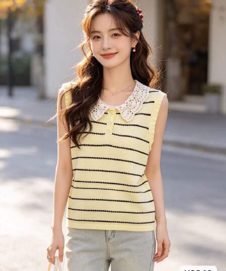 2026 여름 새로운 한 부서 배색 신선함 바람 자수 패치워크 칼라 스트라이프 슬림해 보이는 풀오버 조끼 다용도 맨위