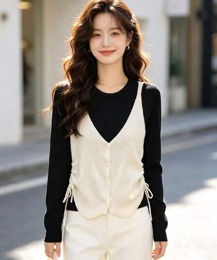 2026 년 가을 새로운 한 부서 레트로 배색 페이크 레이어드 니트 펌프 로프 디자인 센스 허리 수축 풀오버 긴팔