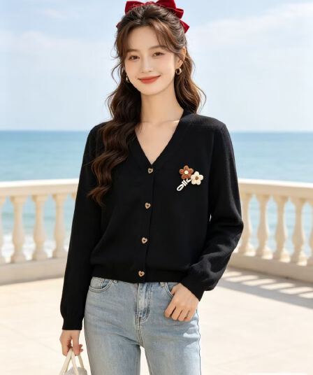 2026 가을 한국 스타일 새로운 배색 달콤함 연령 감소 V넥 3 차원 꽃 니트 긴 소매 오픈 가디건 외부 다용도 맨위