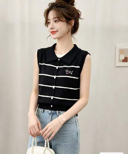 2026 년 여름 새로운 한국 스타일 학원 스타일 폴로 칼라 강아지 자수 스트라이프 니트 조끼 오픈 가디건 다용도 맨위