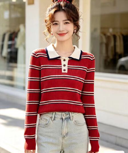 2026 년 가을 새로운 한국 스타일 배색 학원 스타일 POLO 칼라 배색 스트라이프 구덩이 기사 슬림해 보이는 풀오버 긴팔