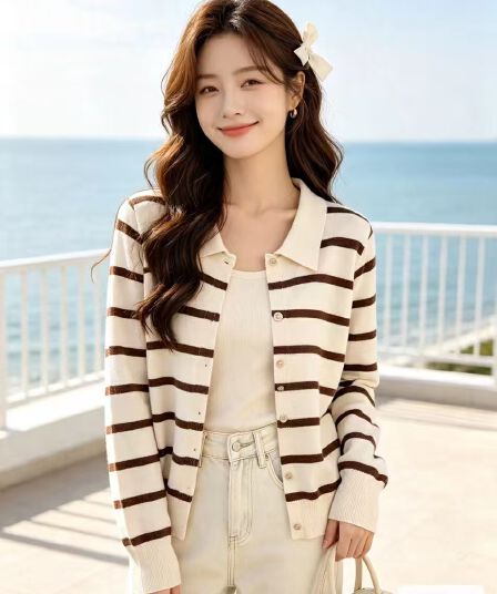2026 년 가을 새로운 한국 스타일 배색 패션 폴로 칼라 배색 스트라이프 니트 다용도 긴팔 오픈 가디건 다용도