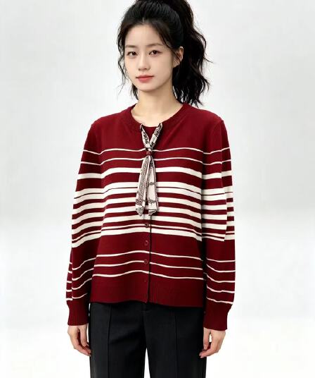 2026 년 가을 새로운 한국 스타일 패션 배색 라운드 넥 스카프 레이스업 배색 스트라이프 루즈핏 긴팔 오픈 가디건