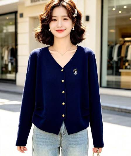 2026 년 가을 새로운 한국 스타일 배색 패션 V넥 자수 금속 버클 주름 허리 수축 슬림해 보이는 긴팔 오픈 가디건