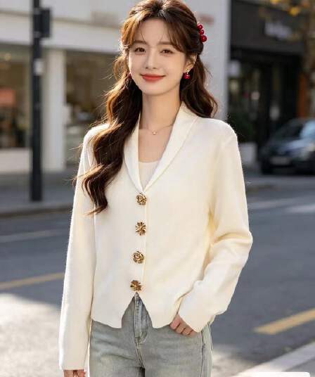 2026 년 가을 새로운 한국 스타일 배색 품격 뒤집다 V넥 Chic 금속 버클 니트 긴 소매 오픈 가디건 다용도 맨위