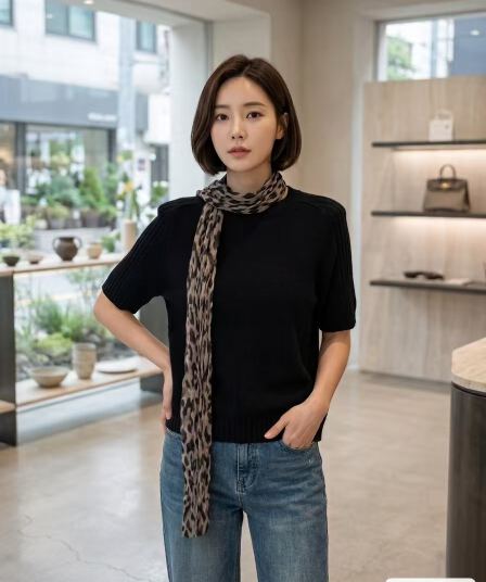 2026 년 가을 한 부서 배색 분위기 센스 반하이넥 레오파드 무늬 스카프 니트 풀오버 반팔 다용도 맨위