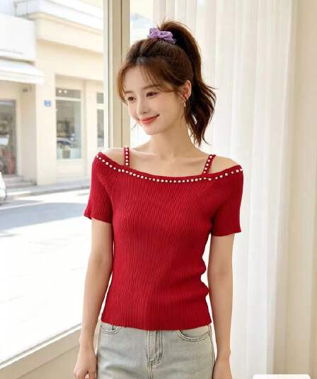 2026 년 여름 새로운 프랑스식 빛 요리 한 바람 진주 오프숄더 니트 몸매 가꾸기 풀오버 반팔 다용도 맨위