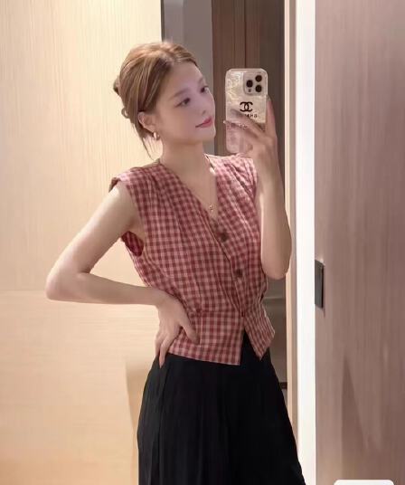 2026 년 여름 새로운 프랑스식 레트로 V넥 패치워크 색상 체크무늬 민소매 셔츠 조끼 오픈 가디건 다용도 맨위