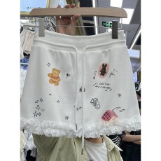 批发韩系甜美涂鸦蕾丝印花半身<b class='q'>裙</b>女小个子修身显瘦人棉空气层设计感