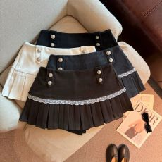 批发金属扣蕾丝边a字百褶呢子半身短裙<b class='q'>裤</b>女秋冬