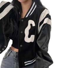 批发皮袖秋季短外套皮袖休闲运动机车廓形长袖棒球服