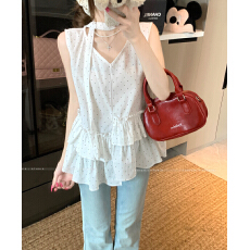 批发实拍实价~夏新款韩版V领设计感波点不规则荷叶边<b class='q'>裙摆</b>纯欲无袖<b class='q'>上衣</b>