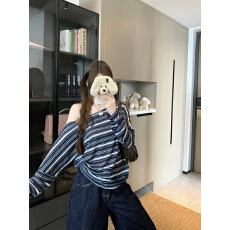 批发实拍实价~春季新款休闲百搭条纹斜肩不规则宽松显瘦长袖<b class='q'>T</b><b class='q'>恤</b>