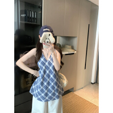 实拍实价~夏季新款V领气质蓝格子绑带无袖背心韩系设计感显瘦上衣