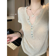 批发实拍实价~夏季新款软糯百搭V领纽扣修身显瘦半开领短袖气质上衣