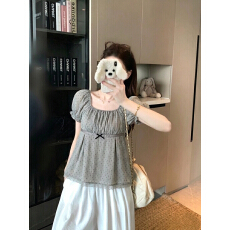 批发实拍实价~夏季新款法式泡泡袖波点方领蝴蝶结<b class='q'>蕾丝</b>花边显瘦<b class='q'>娃娃衫</b>