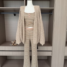 批发【Aln】慵懒风条纹针织吊带套装女显瘦<b class='q'>宽松</b>毛衣开衫三件套