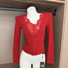 批发小雨姐姐【雾影灵光】休闲领口性感<b class='q'>蕾丝</b>拼接针织打底上衣冬季新款