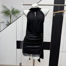 批发Fbblimit【危险又迷人】名媛感加密加捻<b class='q'>雪纺</b>挂脖蕾丝花边飘带上衣