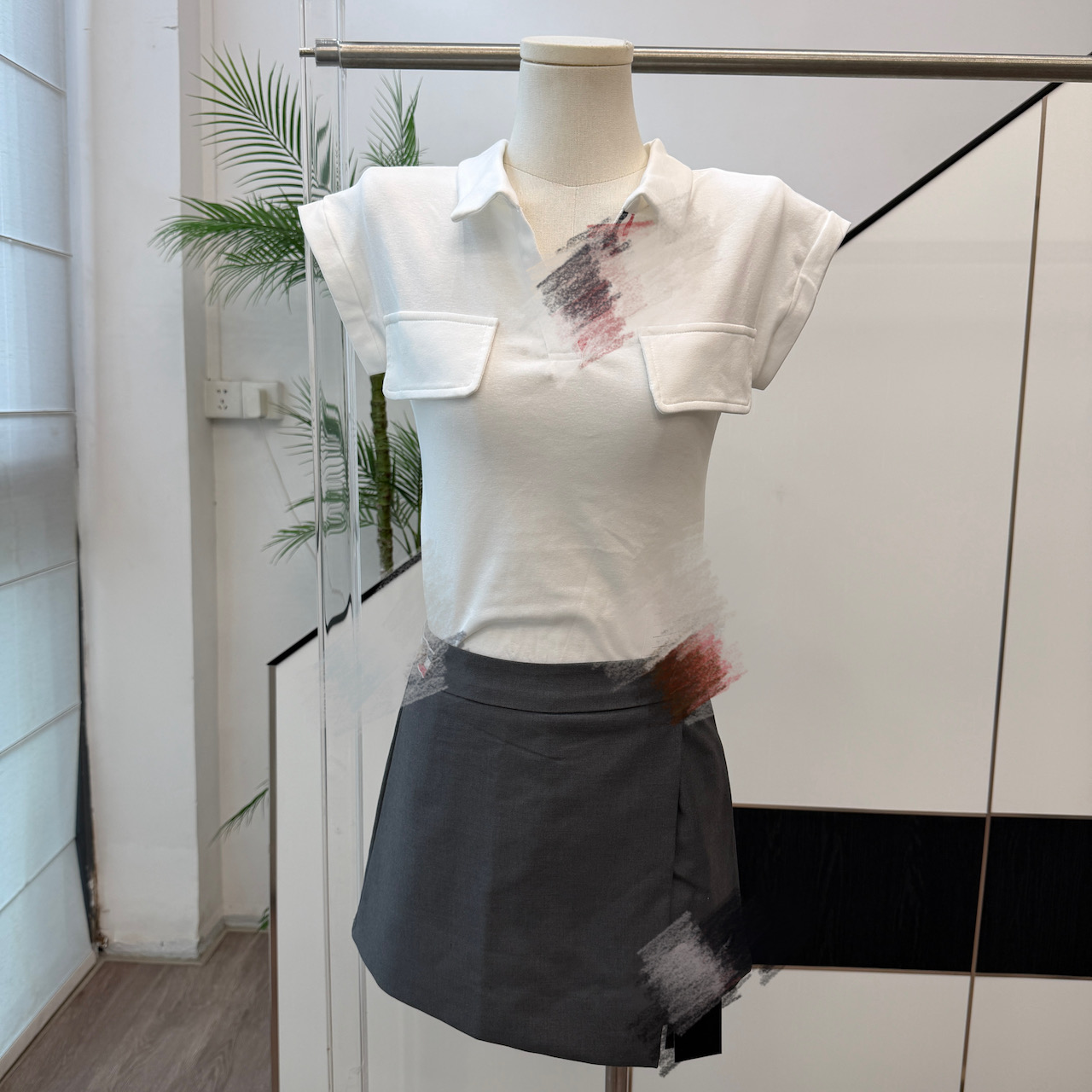 dou studio 매춘부 한 부서 몸매 가꾸기 유연성 V넥 티셔츠 POLO 셔츠 회색 정장 바지