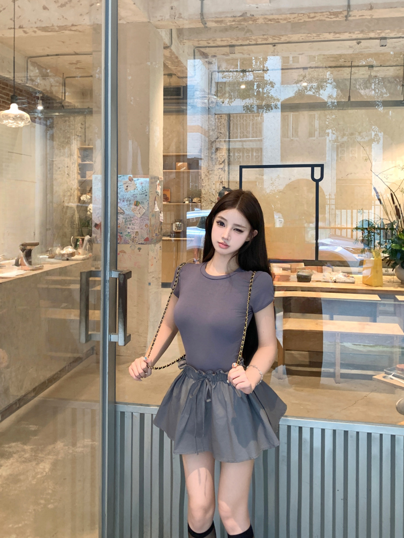 FA34231# 韩系复古修身显瘦短袖t恤女夏季高腰裙裤超火套装 服裝批發女裝批發服飾貨源