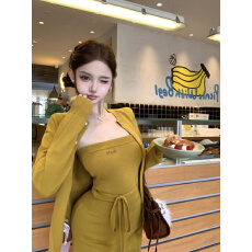 批发实拍实价  韩系排扣针织开衫字母刺绣系带抹胸简约裙裤套装女