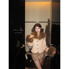 批发实拍实价 外套+亮片半裙日系古早感收腰显瘦保暖毛呢外套秋冬