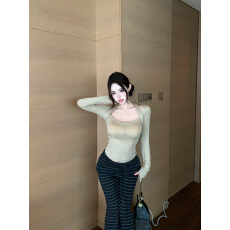 批发实拍实价 天丝羊毛假两件镂空挂脖打底针织衫秋冬百搭<b class='q'>条纹</b>休闲裤