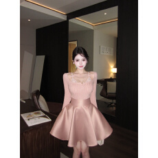 批发实拍实价 纯欲假两件蕾丝拼接针织衫女高腰A字缎面蓬蓬半裙套装