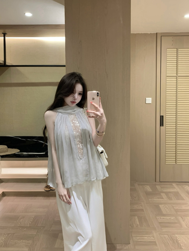 실사 정가 Tulle 달빛 디자인 센스 프랑스식 품격 패치워크 레이스 작은 대중 민소매 허리 수축 맨위 여성