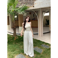 批发实拍实价 韩系辣妹斜肩肌理感褶皱拉链针织上衣休闲阔腿裤两件套