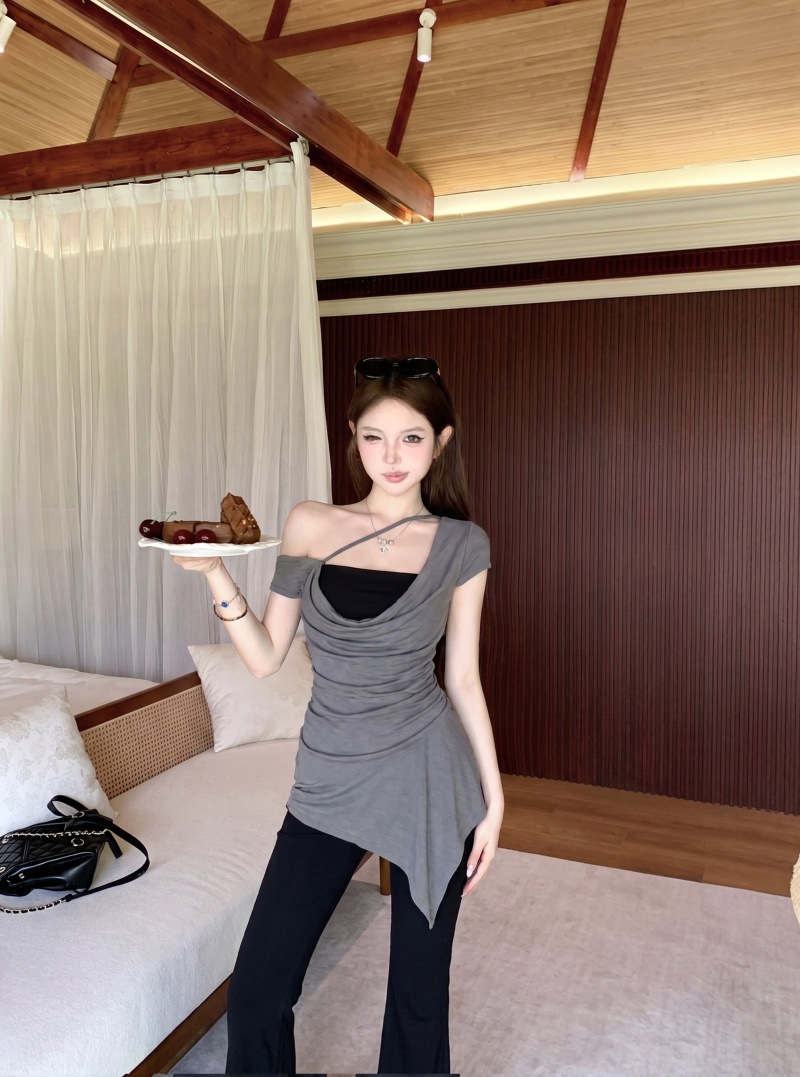 실사 정가 아름다운 초여름 작은 대중 디자인 센스 흔들다 칼라 불규칙 반팔 맨위 부츠컷 바지 투피스 세트