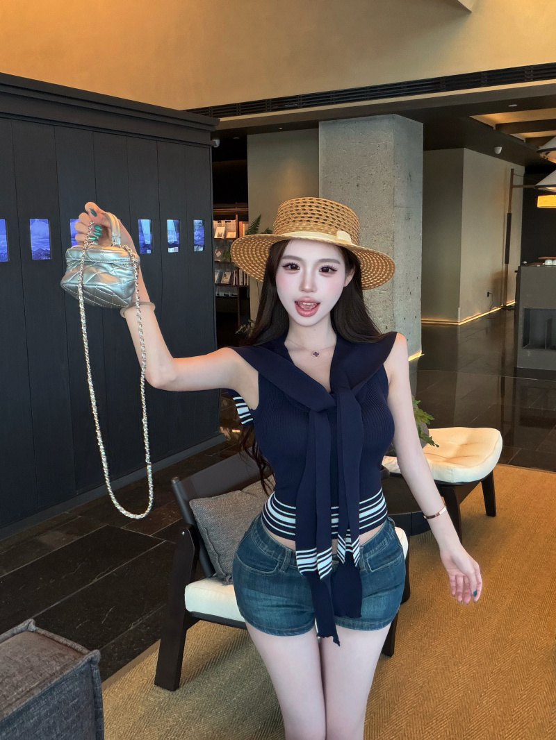 실사 정가 순수한 욕망 디스플레이 몸 해군 칼라 맨위 몸매 가꾸기 니트 치마 세트