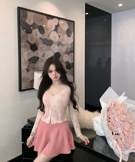 실사 정가 꽃무늬 패션 슬림해 보이는 품격 인터넷 유명인 작은 대중 디자인 오픈 가디건 아름다움 뒤로 반 스커트 세트
