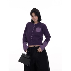 批发吴童童撞色拼接圆领长袖毛衣外套女秋冬韩系设计感<b class='q'>针织</b><b class='q'>开衫</b>上衣