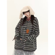 批发美式复古条纹连帽针织开衫女秋季新款宽松显瘦百搭上衣潮