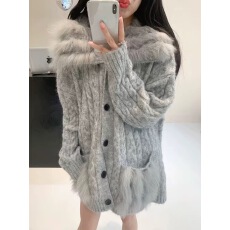 批发2025新款麦穗麻花真狐狸毛皮草外套女海军领车条针织衫毛衣