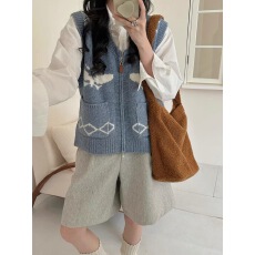 批发韩国东大门2025秋冬新款美式复古V领拉链<b class='q'>图案</b>口袋针织<b class='q'>背心</b>马甲女